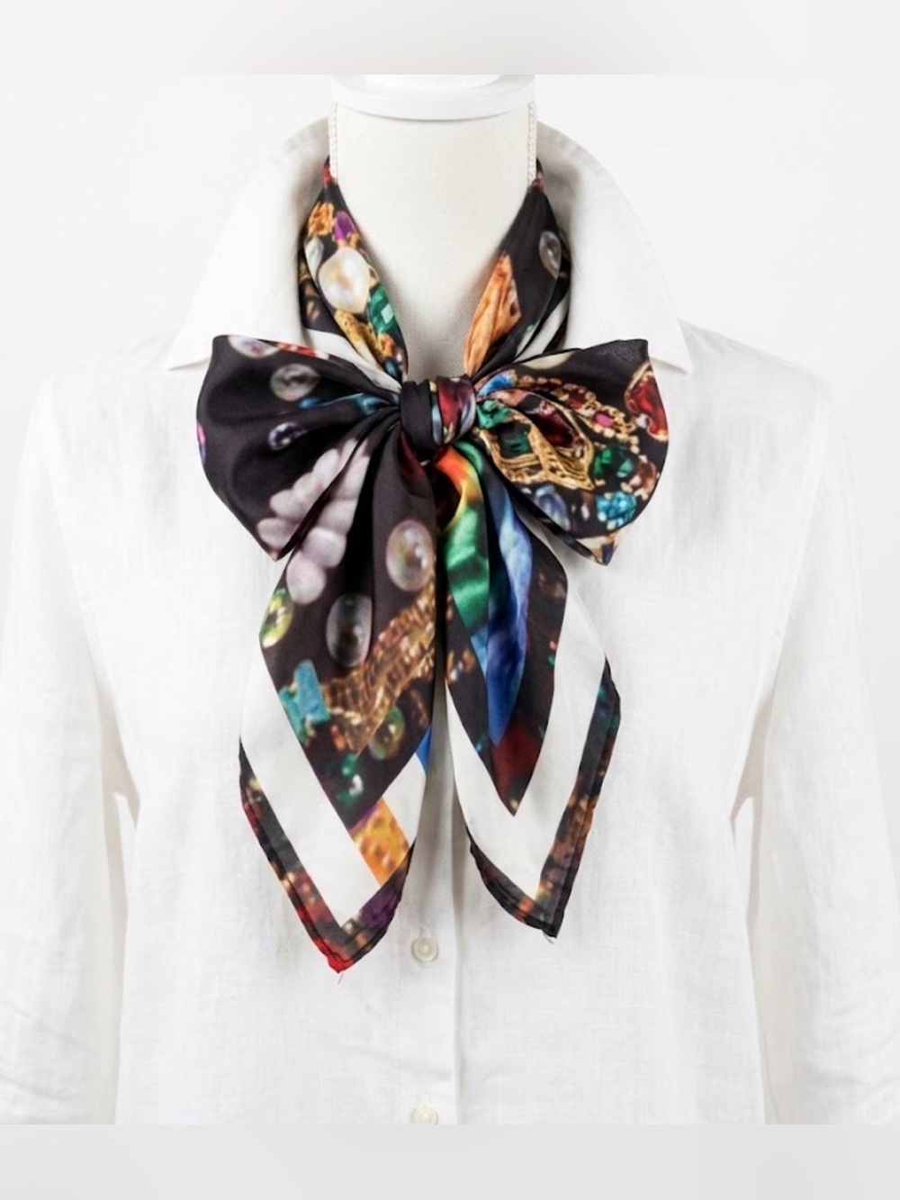 Silk-Like Black Multicolor Bow Neck Scarf